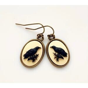 Black Crow Earrings Brass Finishing Oval Goth Grunge Retro Gothic Bird